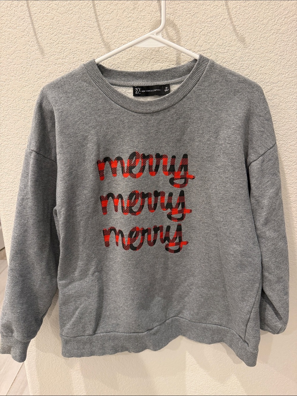 New York & Company Gray Crewneck with Red Plaid "merry" Graphic